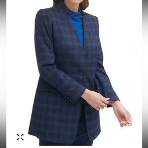 DKNY Navy and Black Plaid Single-Button Long Blazer